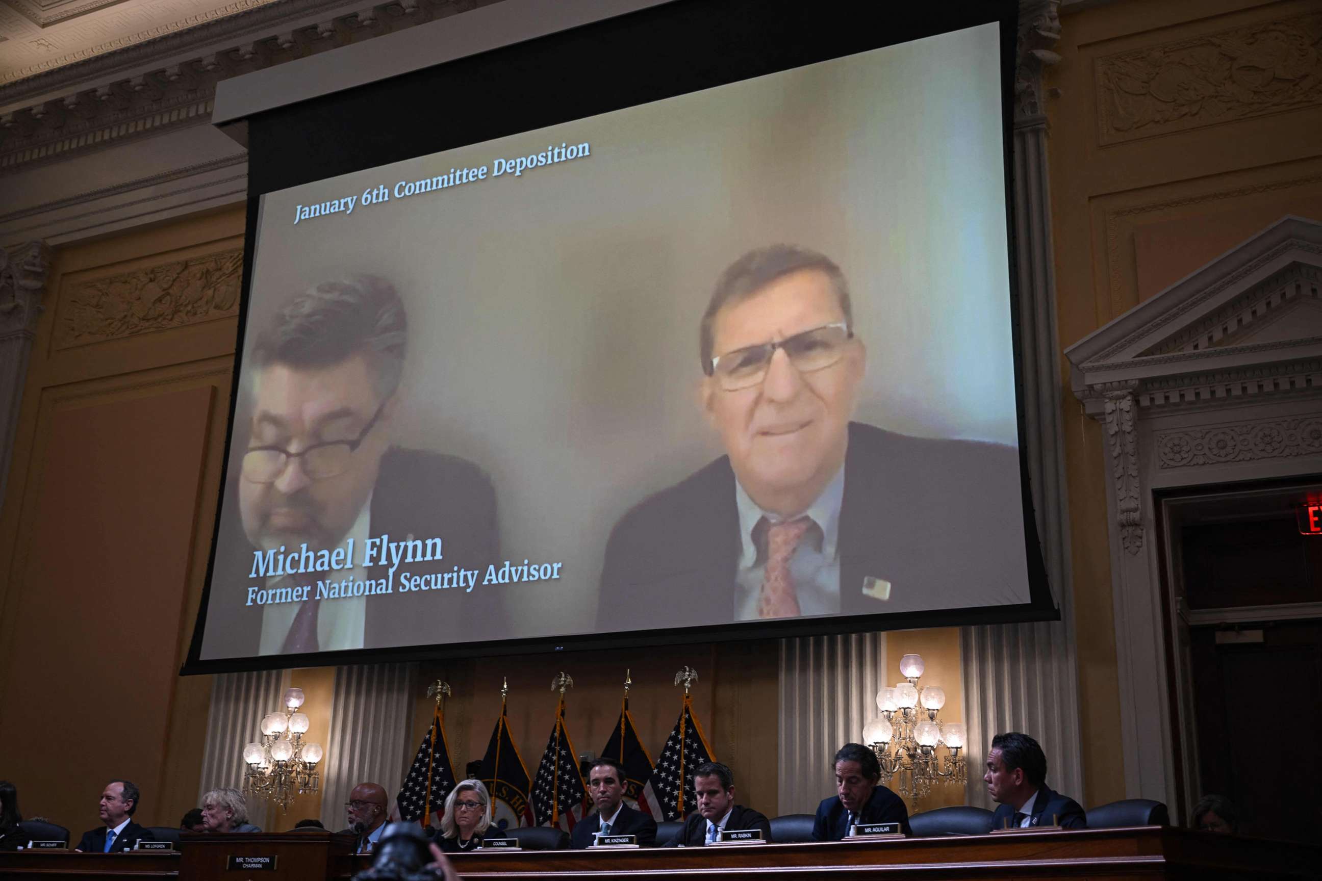 PHOTO: A video of former National Security Advisor Michael Flynn is played as Cassidy Hutchinson, testifies during the sixth hearing by the House Select Committee to Investigate the January 6th Attack on the Capitol, June 28, 2022. 