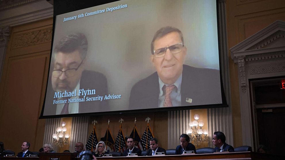 PHOTO: A video of former National Security Advisor Michael Flynn is played as Cassidy Hutchinson, testifies during the sixth hearing by the House Select Committee to Investigate the January 6th Attack on the Capitol, June 28, 2022. 
