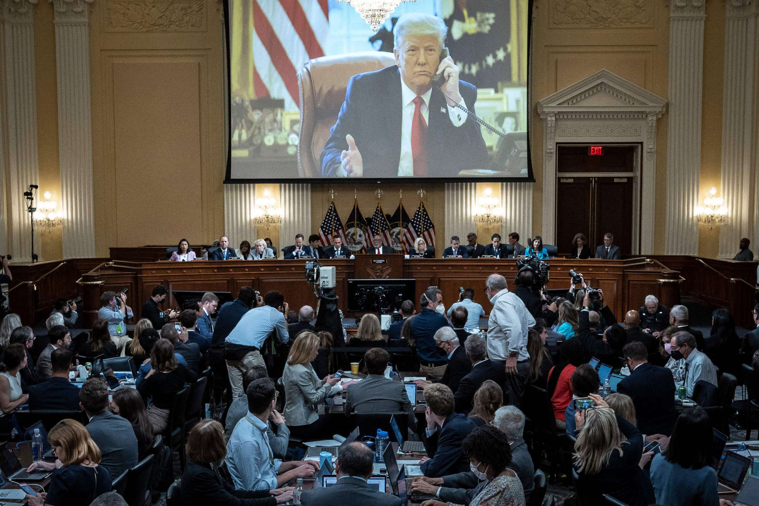 PHOTO: An image of former President Donald Trump is displayed during the third hearing of the US House Select Committee to Investigate the January 6 Attack on the US Capitol, June 16, 2022. 