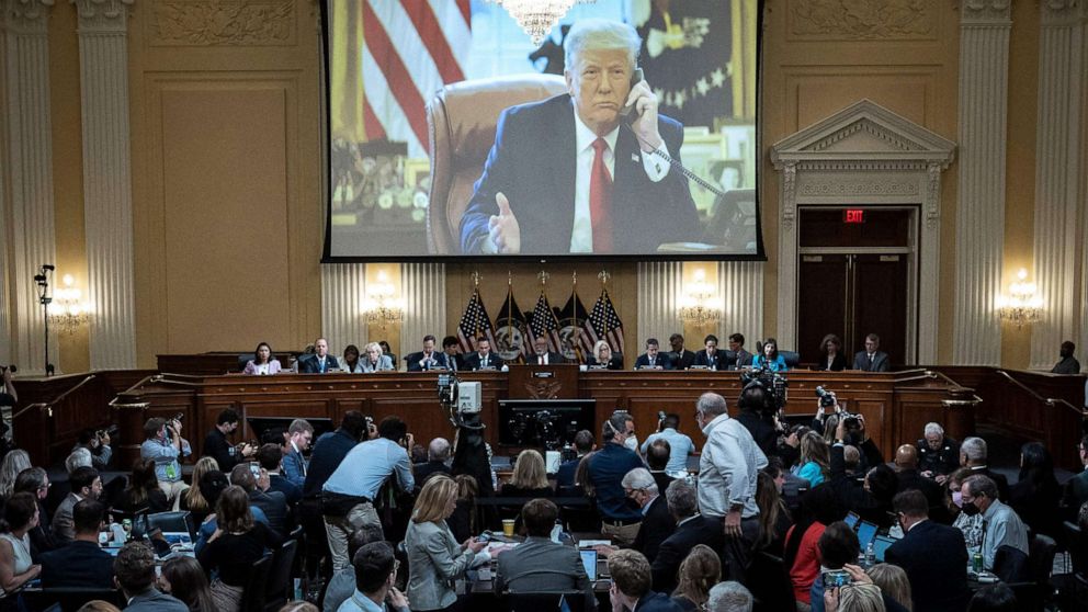 PHOTO: An image of former President Donald Trump is shown during the third hearing of the US House Select Committee to investigate the January 6 attack on the US Capitol, June 16, 2022. 