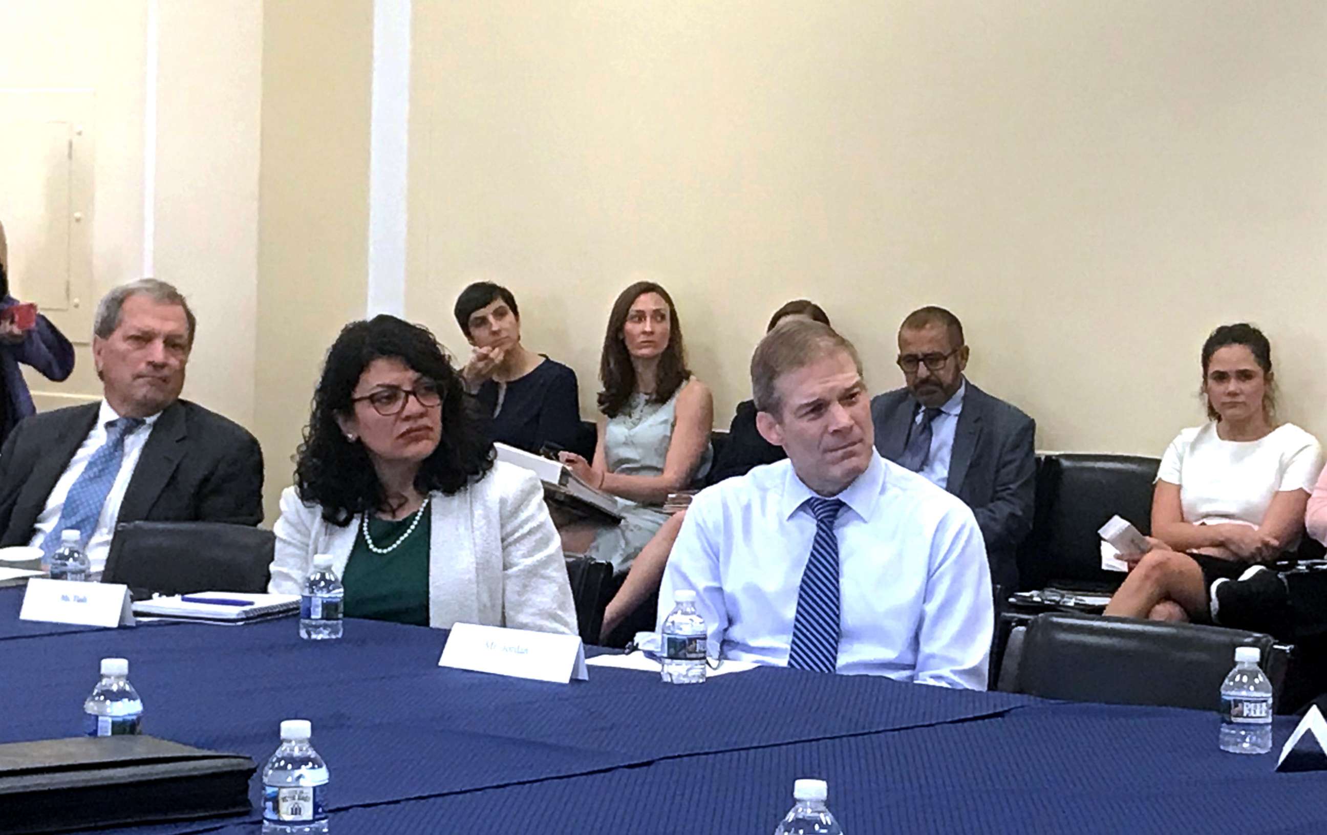 PHOTO: Rep. Rashida Tlaib and Rep. Jim Jordan at a round table discussion before the House Oversight Committee hearing on the Trump administration's response to the opioid crisis, May 9, 2019.