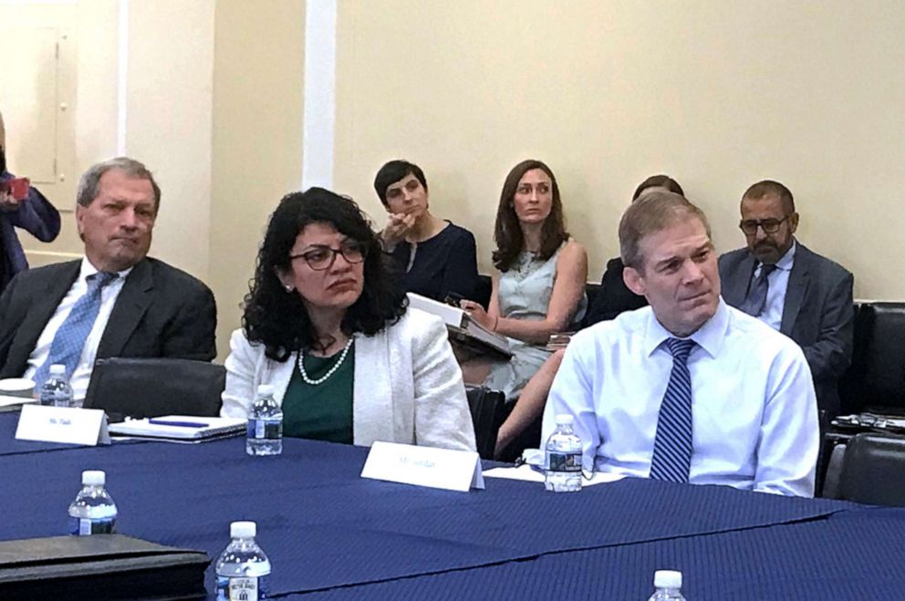 PHOTO: Rep. Rashida Tlaib and Rep. Jim Jordan at a round table discussion before the House Oversight Committee hearing on the Trump administration's response to the opioid crisis, May 9, 2019.