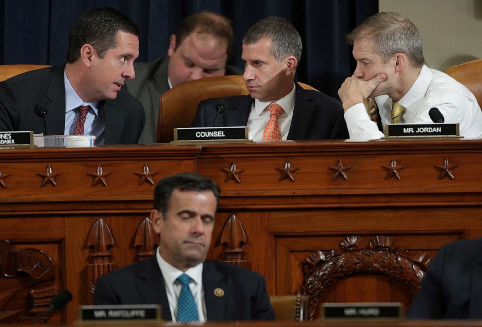 PHOTO: Ranking member Devin Nunes (L) confers with Republican counsel Steve Castor (C) and Rep. Jim Jordan during former U.S. Ambassador to Ukraine Marie Yovanovitch's testimony before the House Intelligence Committee hearing in Washington, Nov. 15, 2019.