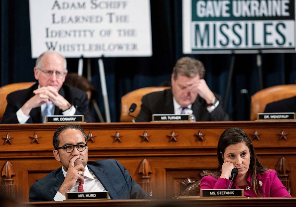 PHOTO: Rep. Will Hurd and Rep. Elise Stefanik listen as Marie Yovanovitch testifies before the House Intelligence Committee in Washington on Nov. 15, 2019. Behind them are Rep. Mike Conaway, (L), and Rep. Michael Turner.
