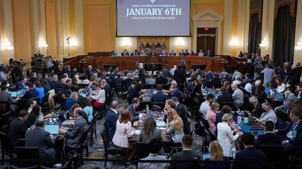 PHOTO: A view of the room as the United States House Select Committee investigating the January 6 attack on the United States Capitol holds its first public hearing, on Capitol Hill in Washington , DC, June 9, 2022. 