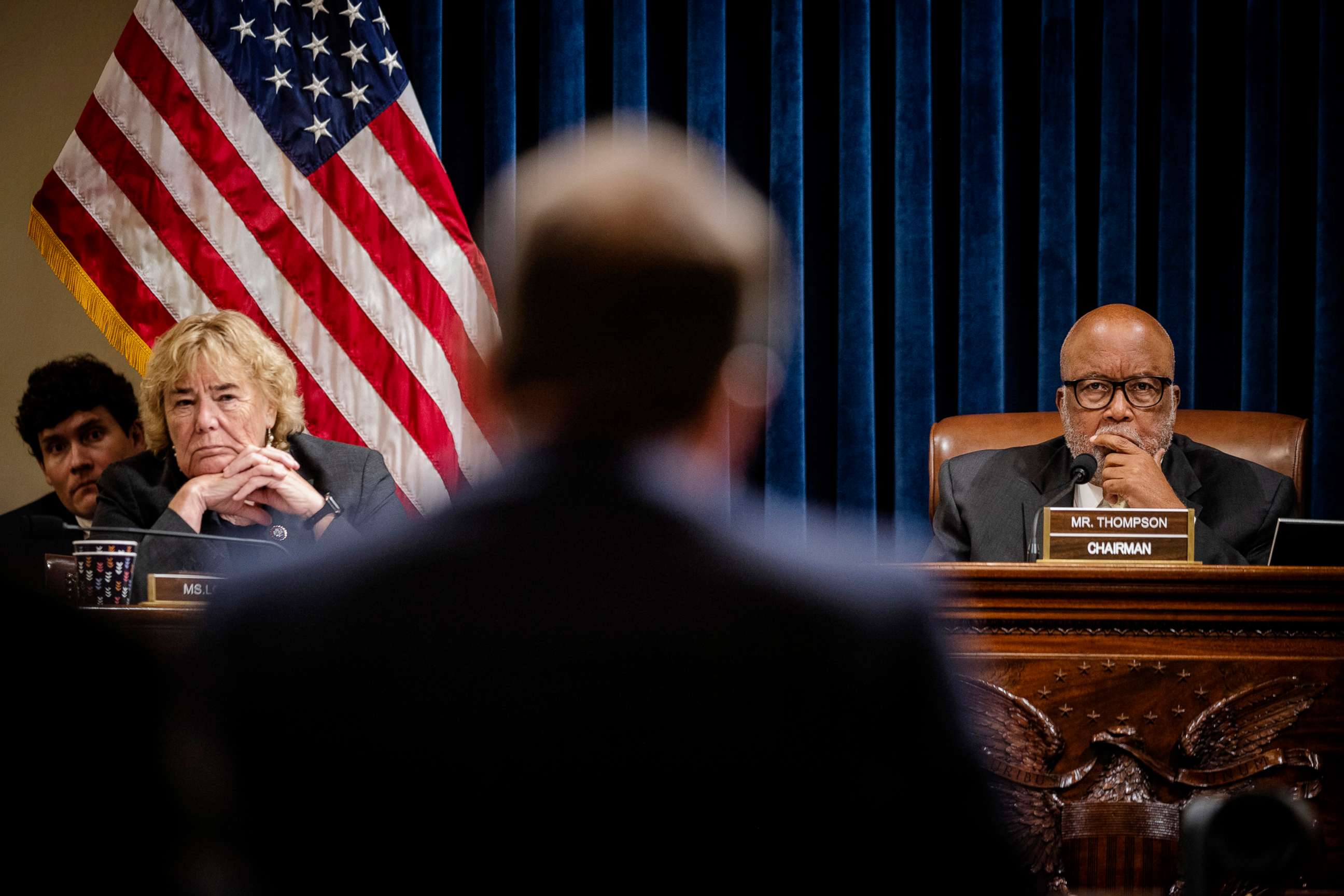 PHOTO: Chair Rep. Bennie Thompson, right, and Rep. Zoe Lofgren, left, listen to D.C. Metropolitan Police Officer Daniel Hodges testify before the House Select Committee investigating the Jan. 6 attack on U.S. Capitol, July 27, 2021, in Washington, D.C.