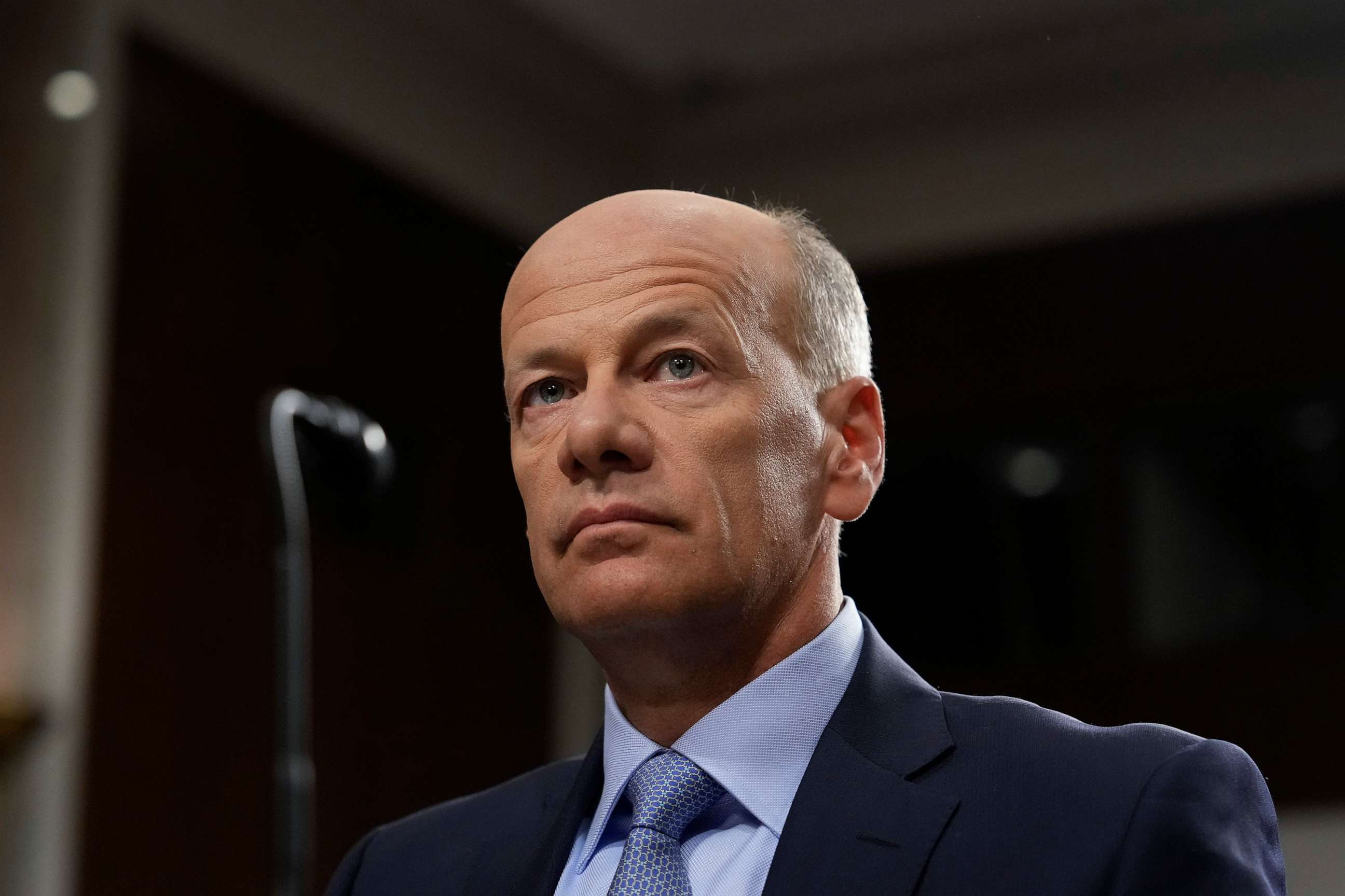 PHOTO: Former CEO of Silicon Valley Bank Gregory Becker takes his seats as he arrives for a Senate Banking Committee hearing on Capitol Hill, May 16, 2023, in Washington, D.C.