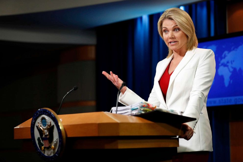 PHOTO: In this file photo, State Department spokeswoman Heather Nauert speaks during a briefing at the State Department in Washington D.C., Aug. 9, 2017.
