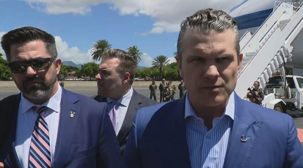 PHOTO: Defense Secretary Pete Hegseth speaks to reporters at Joint Base Pearl Harbor-Hickam on Oahu, Hawaii, March 24, 2025.