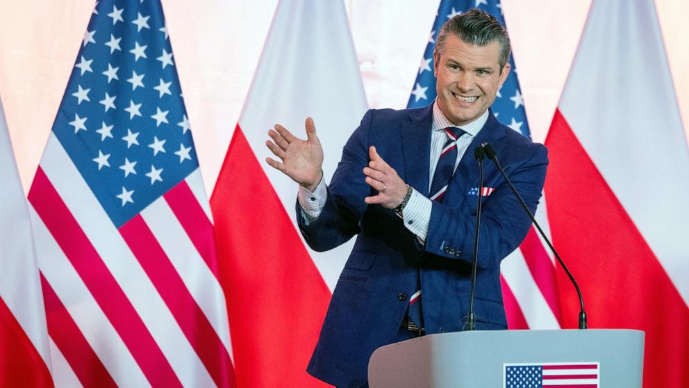 PHOTO: US Defense Secretary Pete Hegseth speaks during join press conference with Poland's Defense Minister after their meeting at the Ministry of Defense headquarters in Warsaw on Feb. 14, 2025.