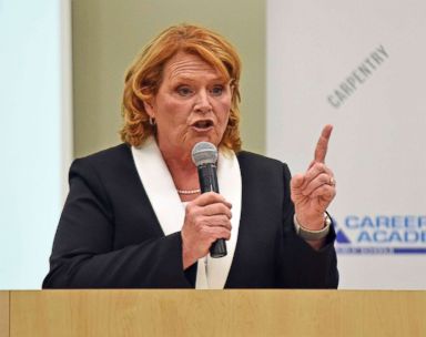 PHOTO: Sen. Heidi Heitkamp makes a point during a debate with Rep. Kevin Cramer, Oct. 18, 2018, in Bismarck, N.D.