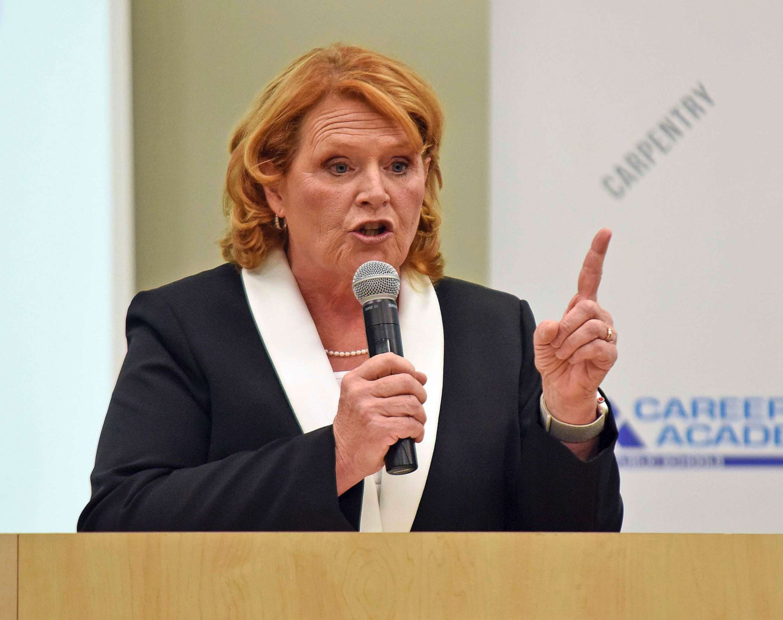 PHOTO: Sen. Heidi Heitkamp makes a point during a debate with Rep. Kevin Cramer, Oct. 18, 2018, in Bismarck, N.D. 