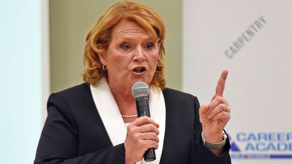 PHOTO: Sen. Heidi Heitkamp makes a point during a debate with Rep. Kevin Cramer, Oct. 18, 2018, in Bismarck, N.D. 