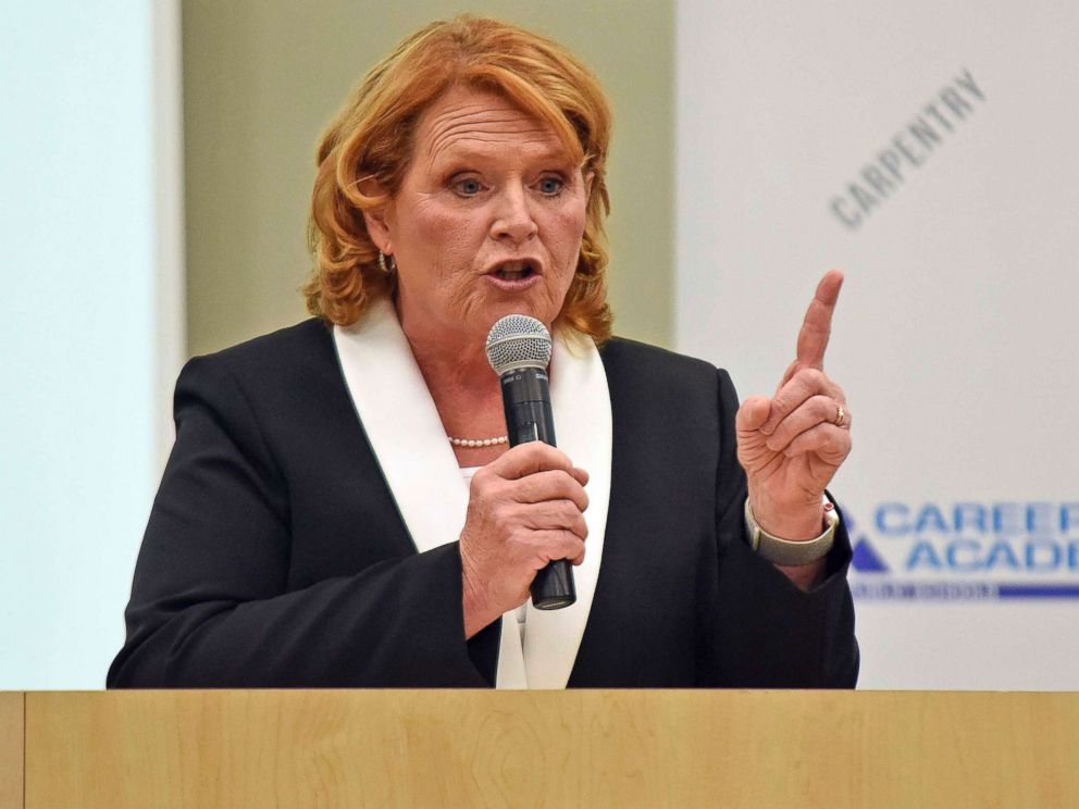 PHOTO: Sen. Heidi Heitkamp makes a point during a debate with Rep. Kevin Cramer, Oct. 18, 2018, in Bismarck, N.D.