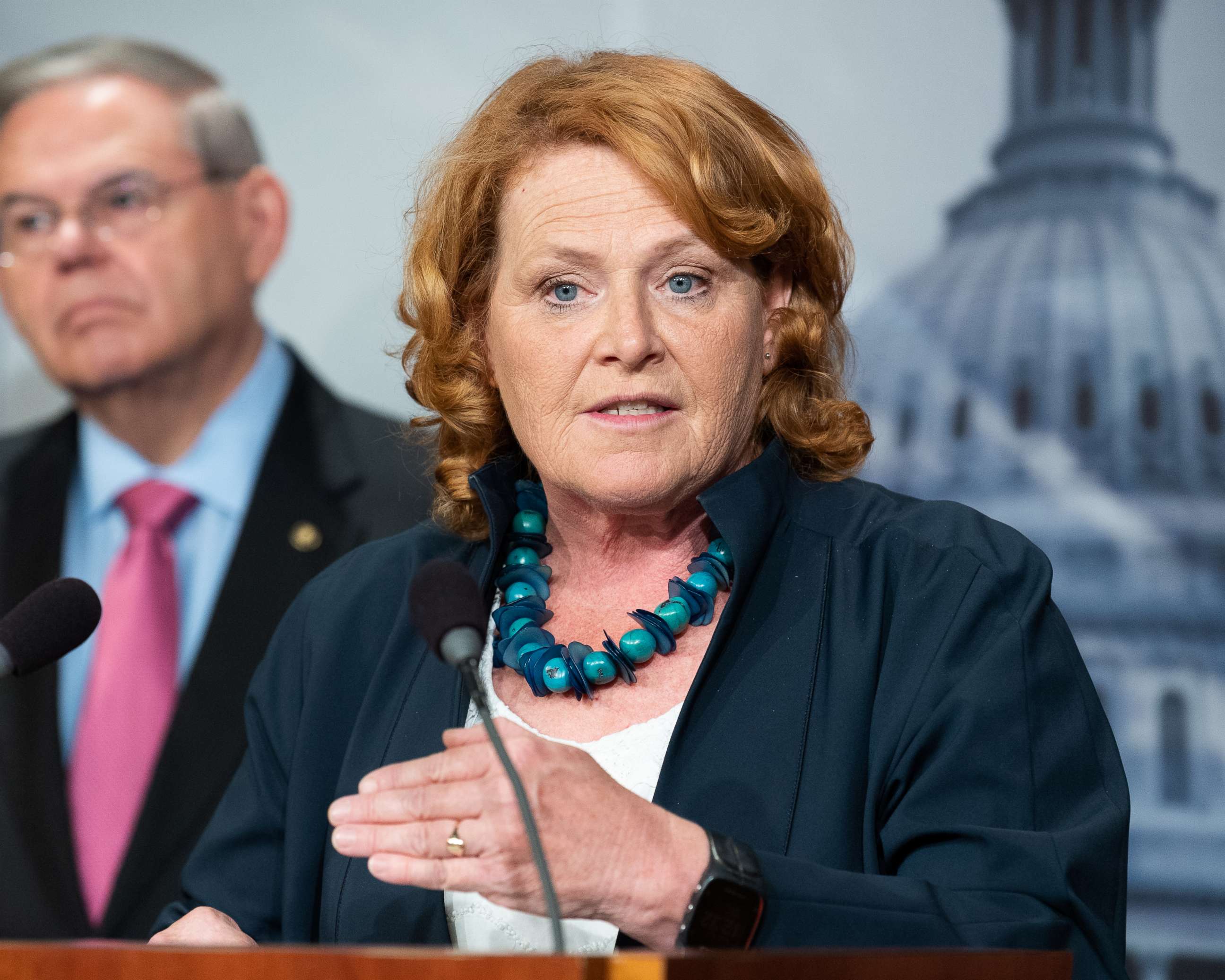 PHOTO: Sen. Heidi Heitkamp speaks at a press conference about the proposed Central American Reform And Enforcement Act in the US Capitol.