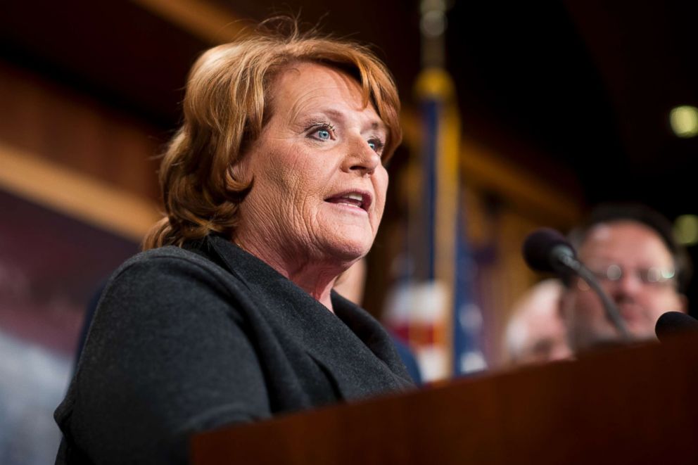 PHOTO: Sen. Heidi Heitkamp speaks during the Senate Democrats news conference on tax reform in the Capitol, Nov. 28, 2017. 