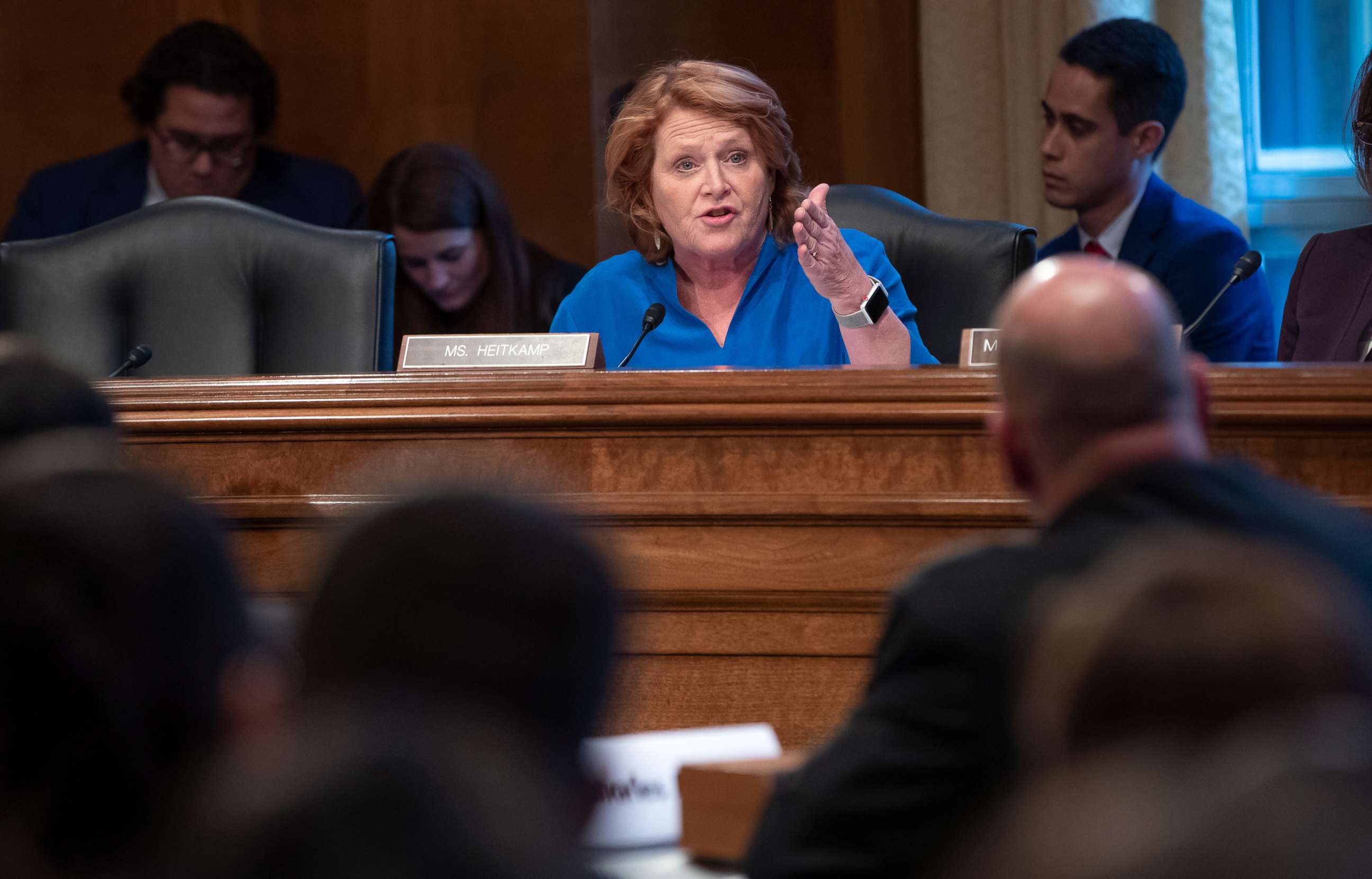 PHOTO: Sen. Heidi Heitkamp talks at a hearing of the Senate Committee on Indian Affairs, on Capitol Hill in Washington, Dec. 12, 2018.