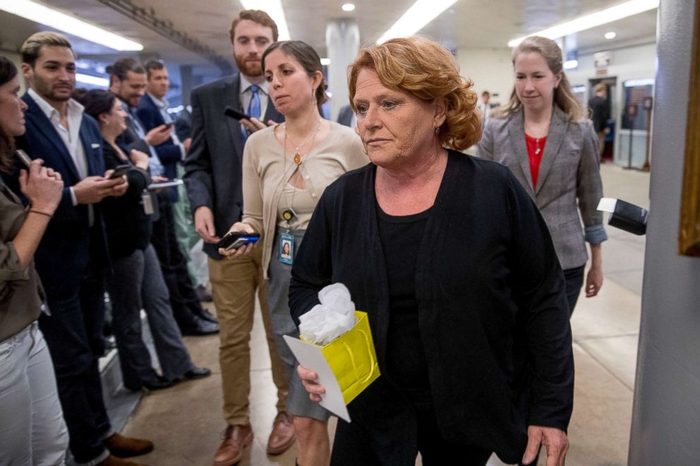 PHOTO: Sen. Heidi Heitkamp walks through the Senate Subway as she arrives at the Capitol for policy luncheons, Sept. 25, 2018, in Washington.