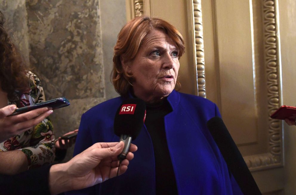 PHOTO: Sen. Heidi Heitkamp talks with reporters on Capitol Hill in Washington, D.C., Jan. 22, 2018.