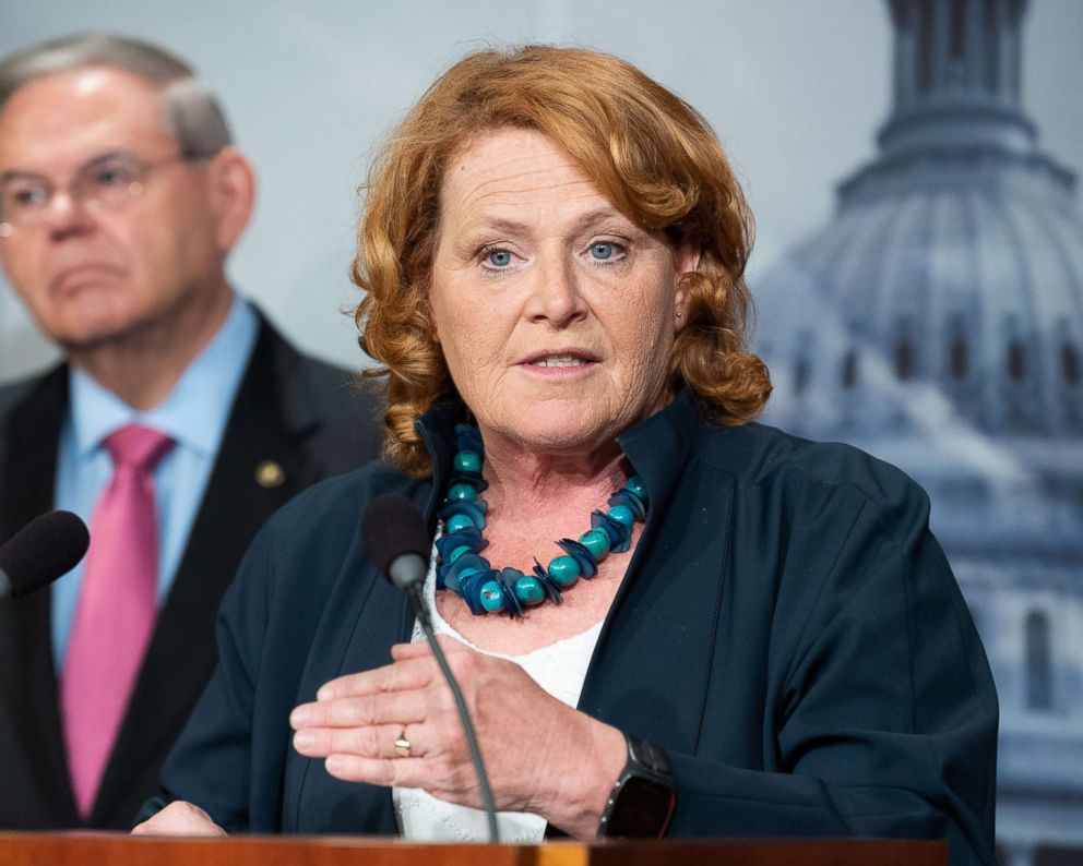 PHOTO: Senator Heidi Heitkamp speaks at a press conference about the proposed Central American Reform And Enforcement Act at the Capitol, June 27, 2018.