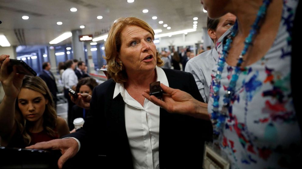 PHOTO: Sen. Heidi Heitkamp speaks with reporters ahead of the weekly policy luncheons on Capitol Hill in Washington, July 24, 2018.