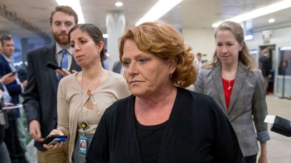 PHOTO: In this Sept. 25, 2018 file photo, Democratic Sen. Heidi Heitkamp walks through the Senate Subway as she arrive at the Capitol, in Washington. 