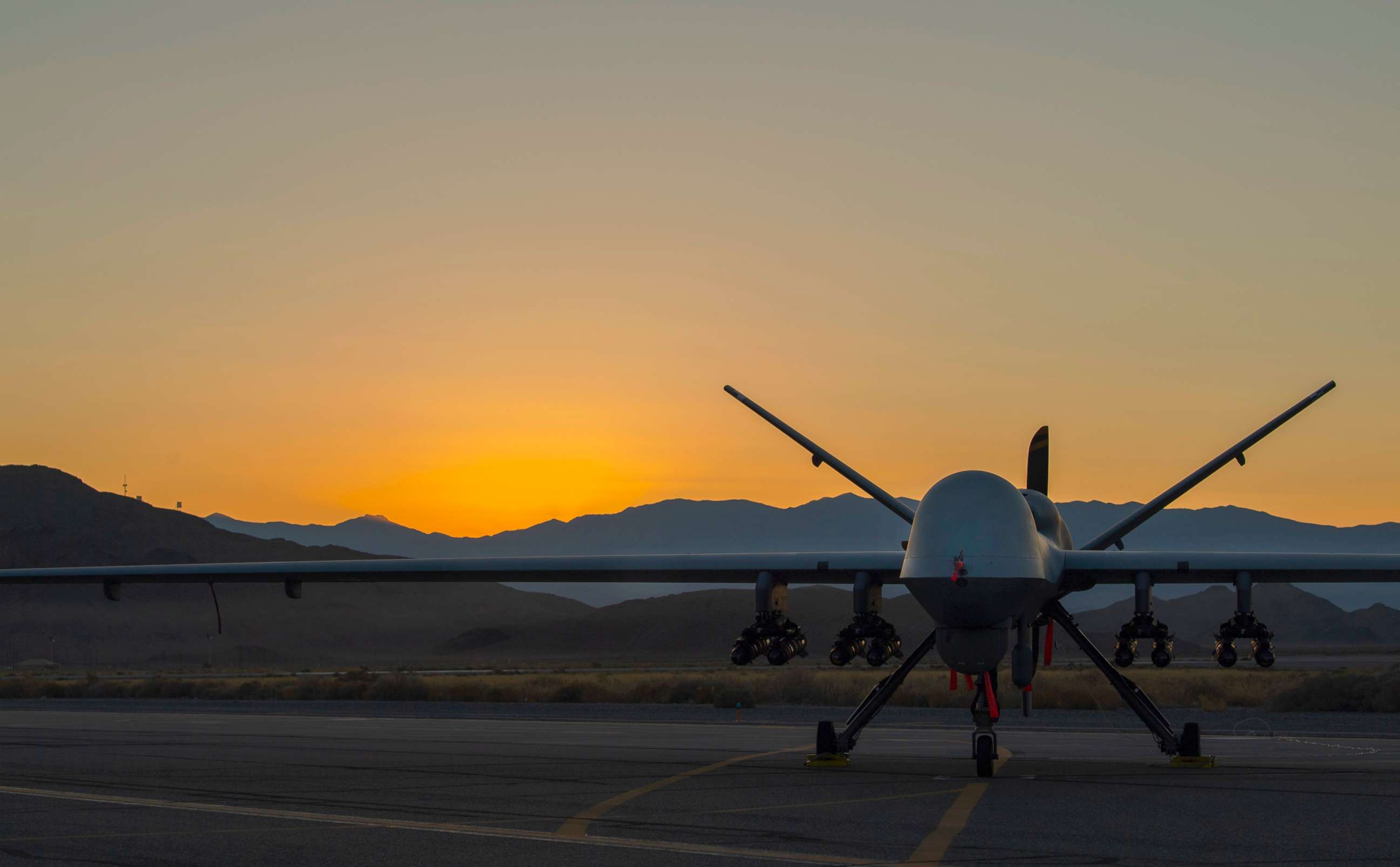 PHOTO: An MQ-9 Reaper armed with eight AGM-114 Hellfire missiles sits on the flight line at Creech Air Force Base, Nevada, Sept. 10, 2020.