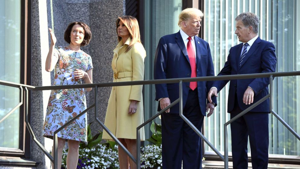 PHOTO: President Donald Trump talks with the President of Finland Sauli Niinisto (right), as first lady Melania Trump talks with his spouse Jenni Haukio, left, at the president's official residence in Mantyniemi, in Helsinki, Finland, July 16, 2018.