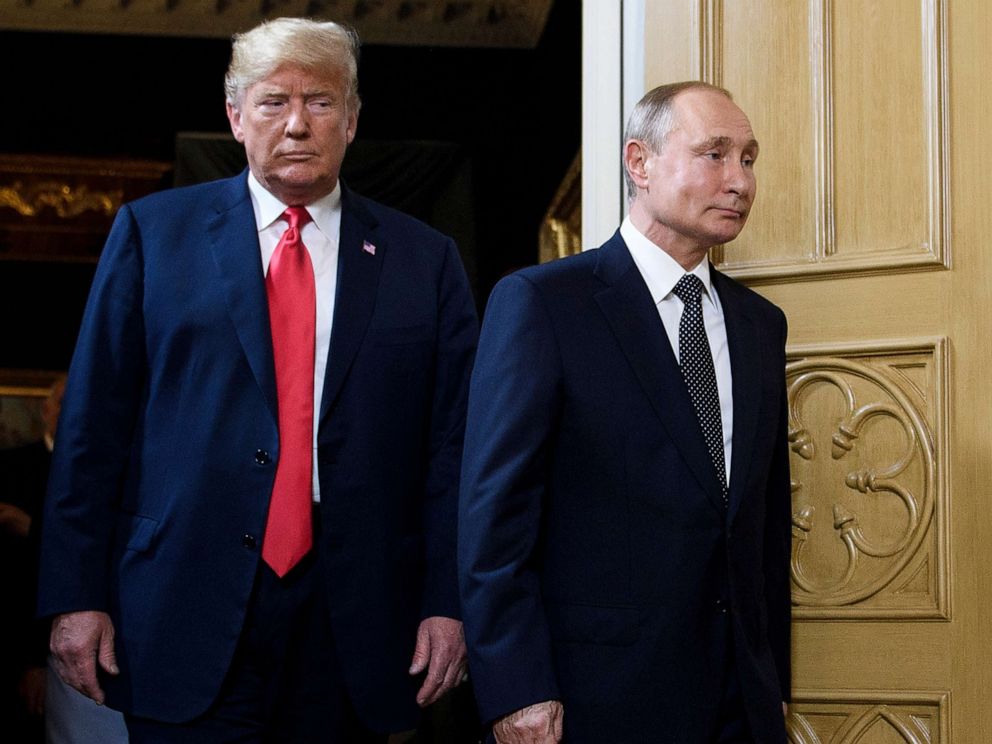 PHOTO: President Donald Trump and Russian President Vladimir Putin arrive for a meeting in Helsinki, July 16, 2018.