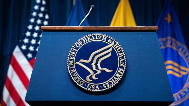 The seal of the Health and Human Services is pictured on a podium before Secretary Robert F. Kennedy, Jr., conducted a news conference at the Hubert Humphrey Building in Washington, D.C., on April 16, 2025.