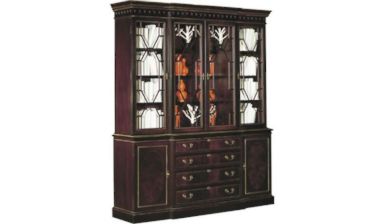 PHOTO: A Breakfront china cabinet from Hickory Chair Furniture Co. with optional sable finish with antique rub light gold striping is pictured in a photo from hickorychair.com.