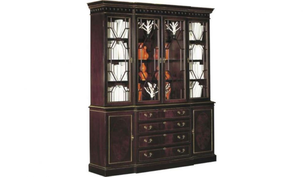 PHOTO: A "Breakfront" china cabinet from Hickory Chair Furniture Co. with optional sable finish with antique rub light gold striping is pictured in a photo from hickorychair.com.