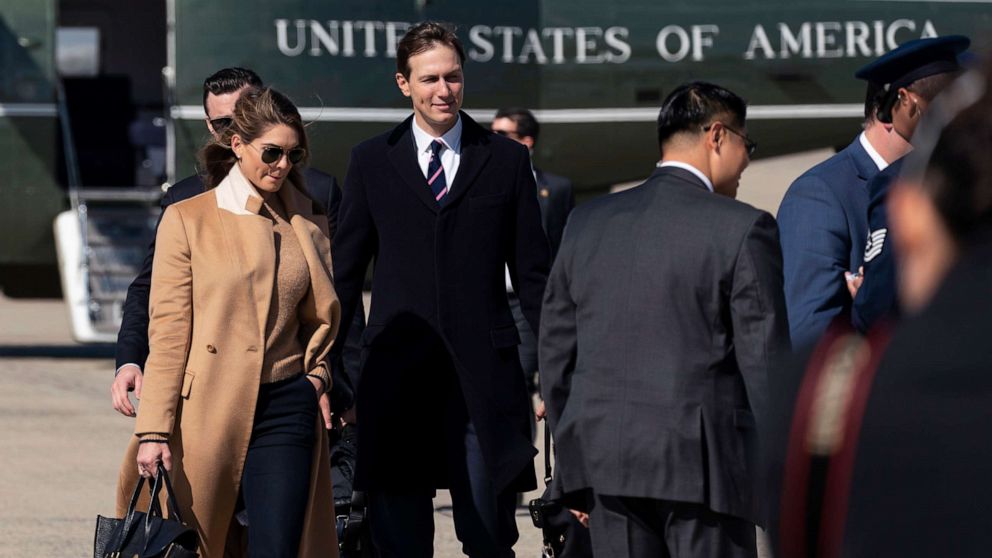 PHOTO: Counselor to the President Hope Hicks, left, with White House senior adviser Jared Kushner, walk from Marine One to accompany President Donald Trump aboard Air Force One as he departs, Sept. 30, 2020, at Andrews Air Force Base, Md.