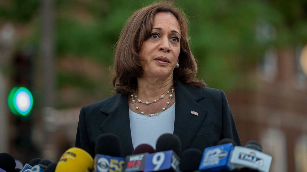 PHOTO: Vice President Kamala Harris speaks, near the scene of a mass shooting yesterday during a Fourth of July parade, in Highland Park, Ill., July 5, 2022.