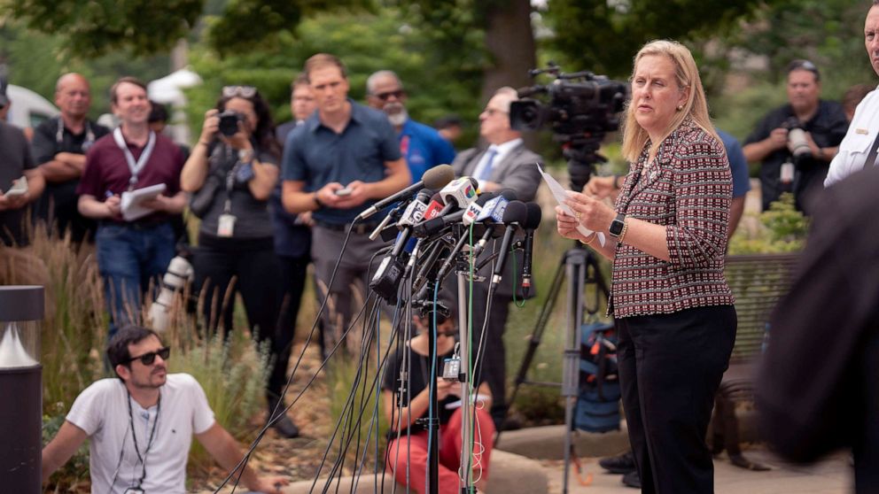 PHOTO: Nancy Rotering, the mayor of Highland Park, speaks during a news conference outside the police station in Highland Park, Ill., July 5, 2022.