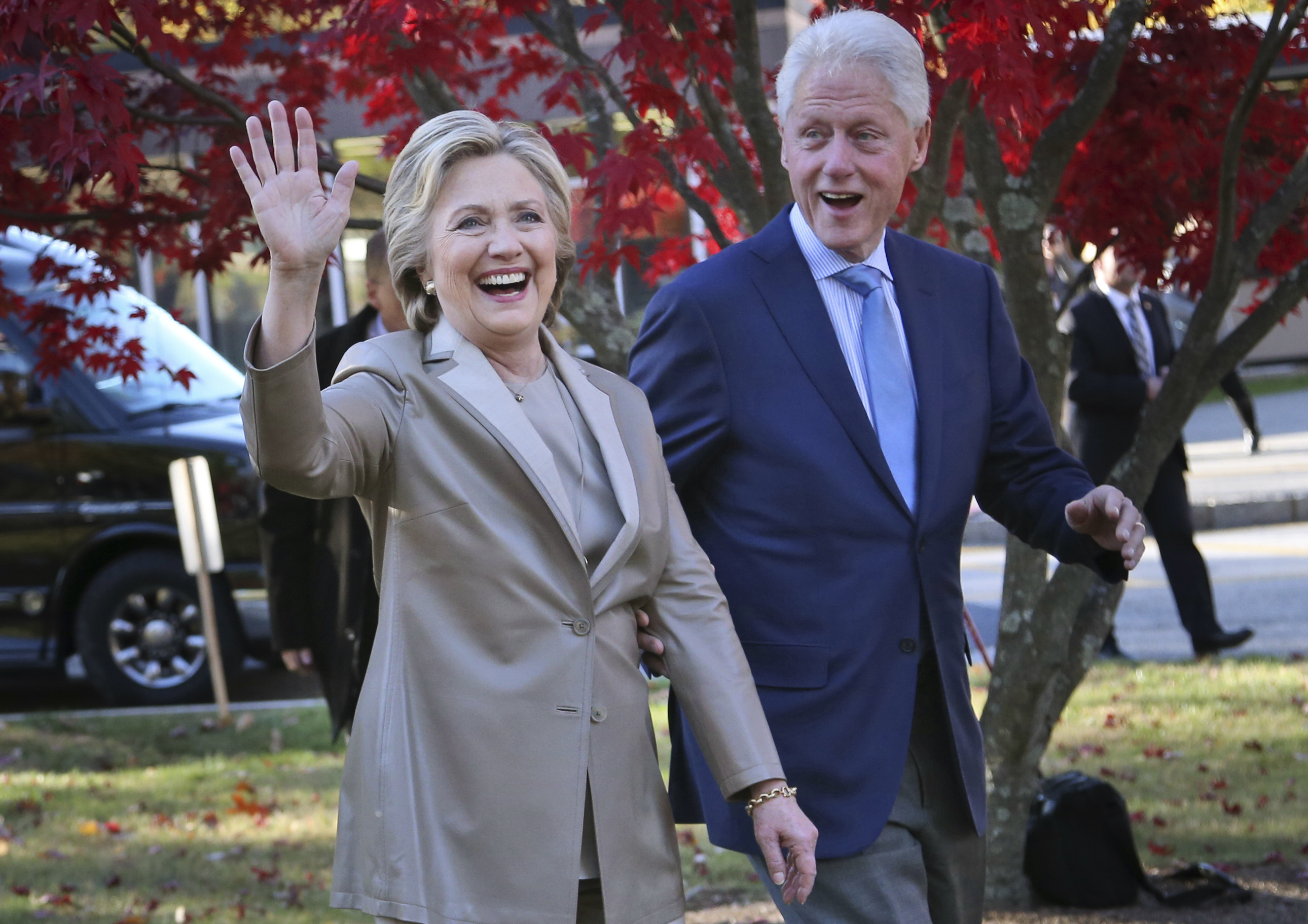 PHOTO: In this Nov. 8, 2016, file photo, Democratic presidential candidate Hillary Clinton, and her husband former President Bill Clinton, greet supporters after voting in Chappaqua, N.Y.