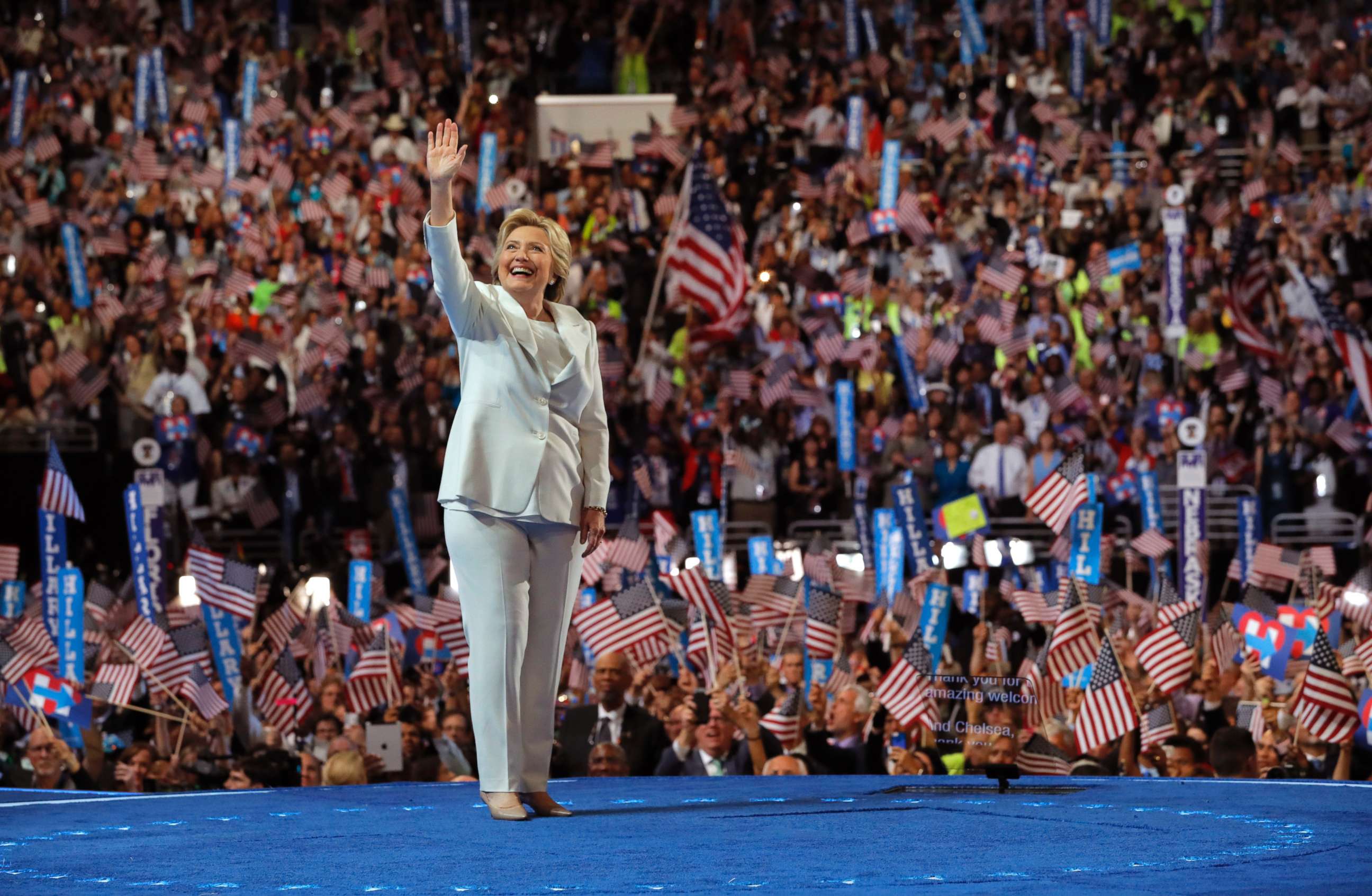 PHOTO: Democratic U.S. presidential nominee Hillary Clinton waves as she arrives to accept the nomination on the fourth and final night at the Democratic National Convention in Philadelphia, July 28, 2016.