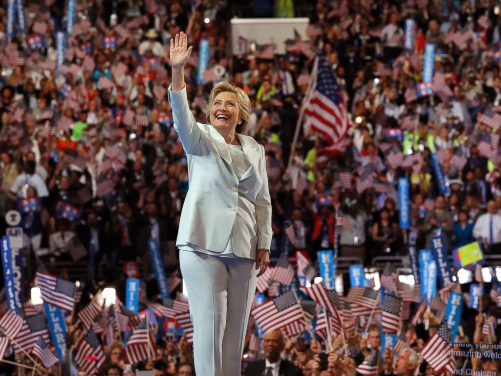 PHOTO: Democratic U.S. presidential nominee Hillary Clinton waves as she arrives to accept the nomination on the fourth and final night at the Democratic National Convention in Philadelphia, July 28, 2016.