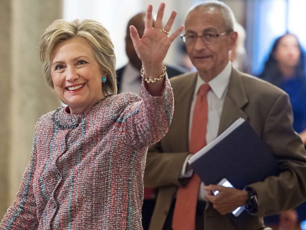 PHOTO: Presidential candidate Hillary Clinton and her campaign chairman, John Podesta, arrive in the Capitol to meet with Senate Democrats, July 14, 2016.