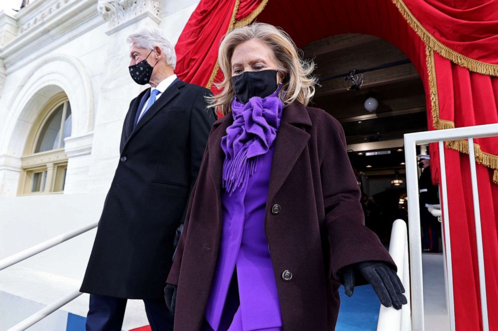 PHOTO: Former President Bill Clinton and his wife Hillary Clinton arrive for the inauguration of President-elect Joe Biden on Jan. 20, 2021 in Washington, D.C.