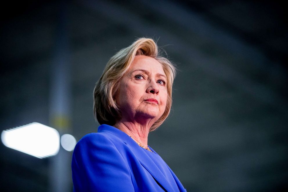 PHOTO: Democratic presidential candidate Hillary Clinton stands on stage at the Union of Carpenters and Millwrights Training Center during a campaign stop in Louisville, Ky., May 15, 2016.