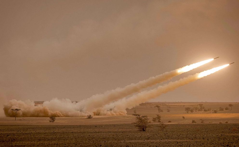 PHOTO: US M142 High Mobility Artillery Rocket System (HIMARS) launchers fire salvoes during the "African Lion" military exercise in the Grier Labouihi region in southeastern Morocco, June 9, 2021.