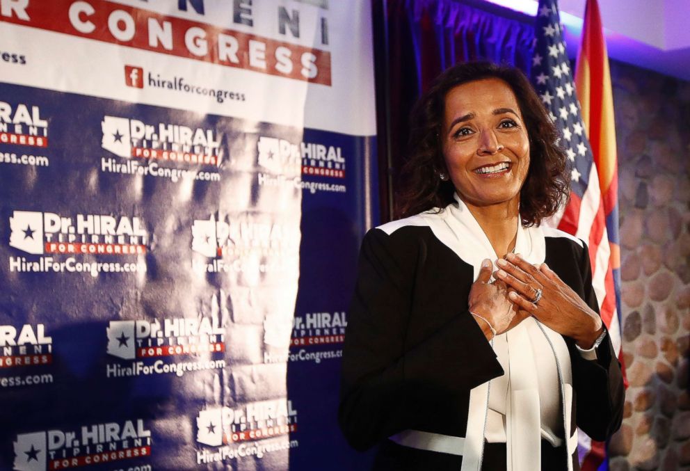 PHOTO: Democratic candidate for the 8th Congressional District, Dr. Hiral Tipirneni pauses as she is greeted by supporters April 24, 2018, in Glendale, Ariz.