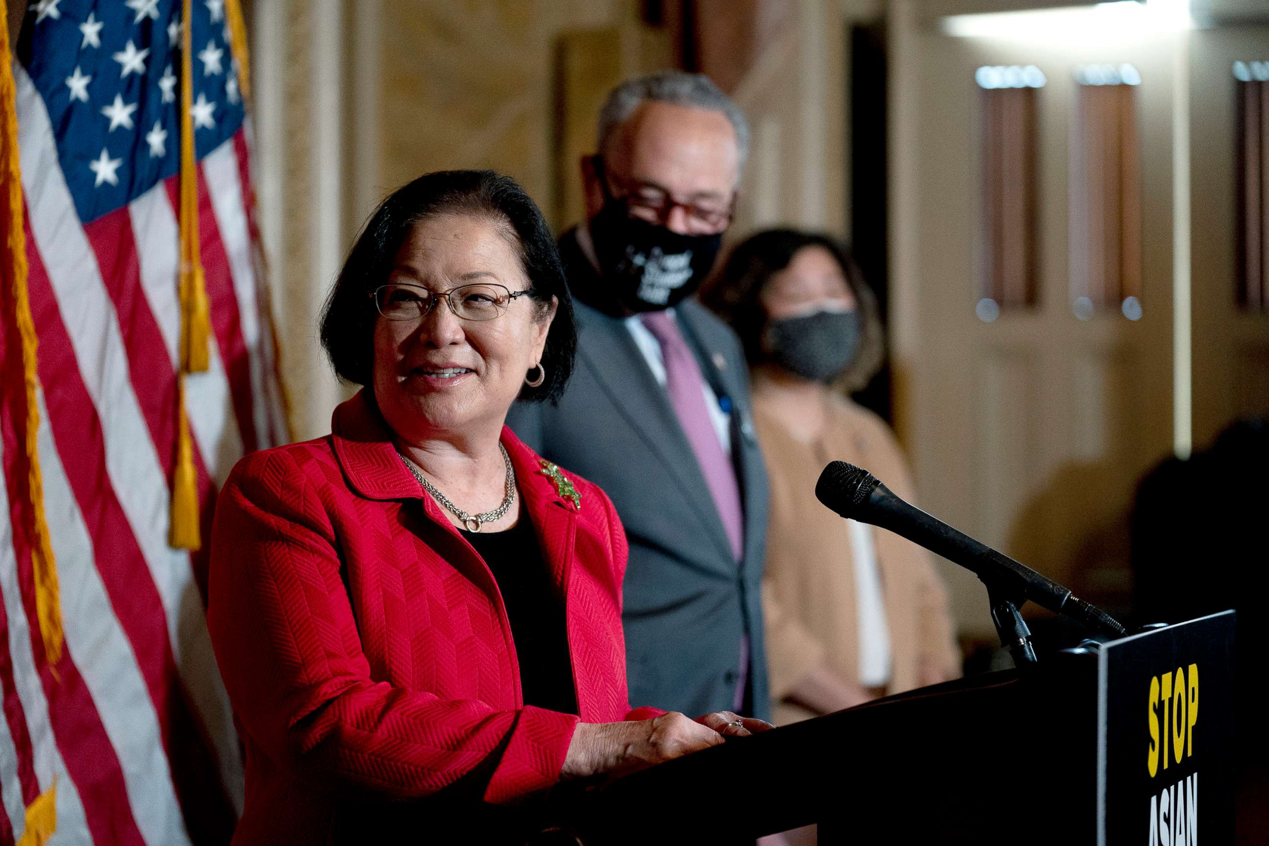 PHOTO: Sen. Mazie Hirono speaks during a press conference on the COVID-19 Hate Crimes Act at the  Capitol, April 13, 2021.