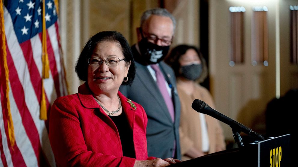 PHOTO: Sen. Mazie Hirono speaks during a press conference on the COVID-19 Hate Crimes Act at the  Capitol, April 13, 2021.