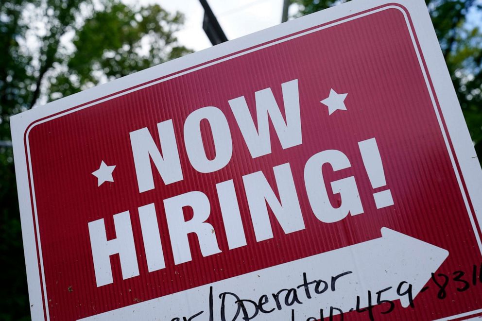 PHOTO: A "now hiring" sign is posted in Garnet Valley, Pa., May 10, 2021.