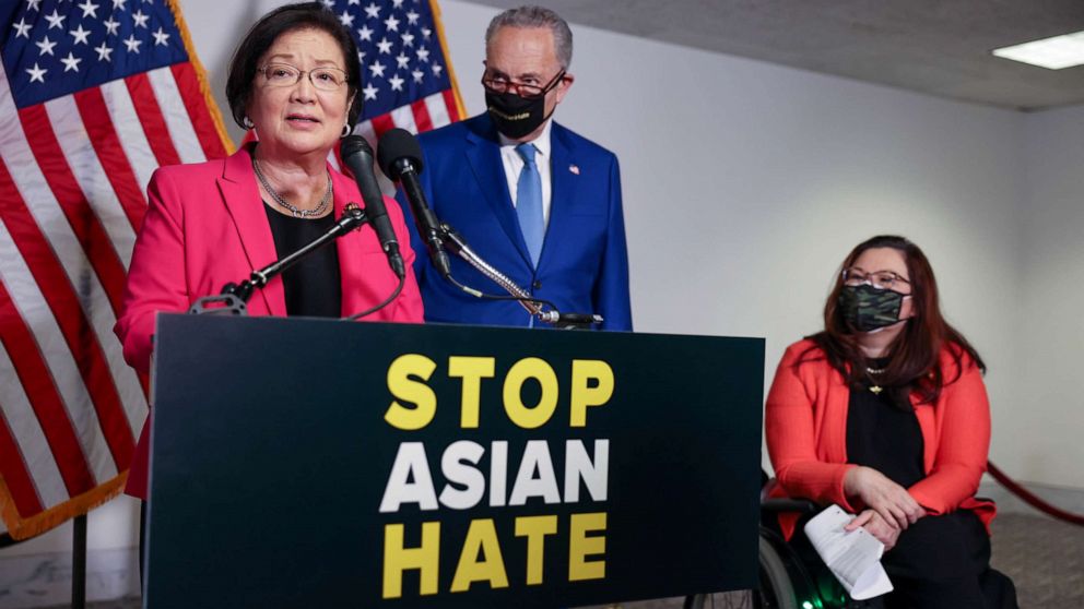 PHOTO: Sen. Mazie Hirono, D-Hawaii, speaks about the COVID-19 Hate Crimes Act at a news conference in Washington, on April 20, 2021.