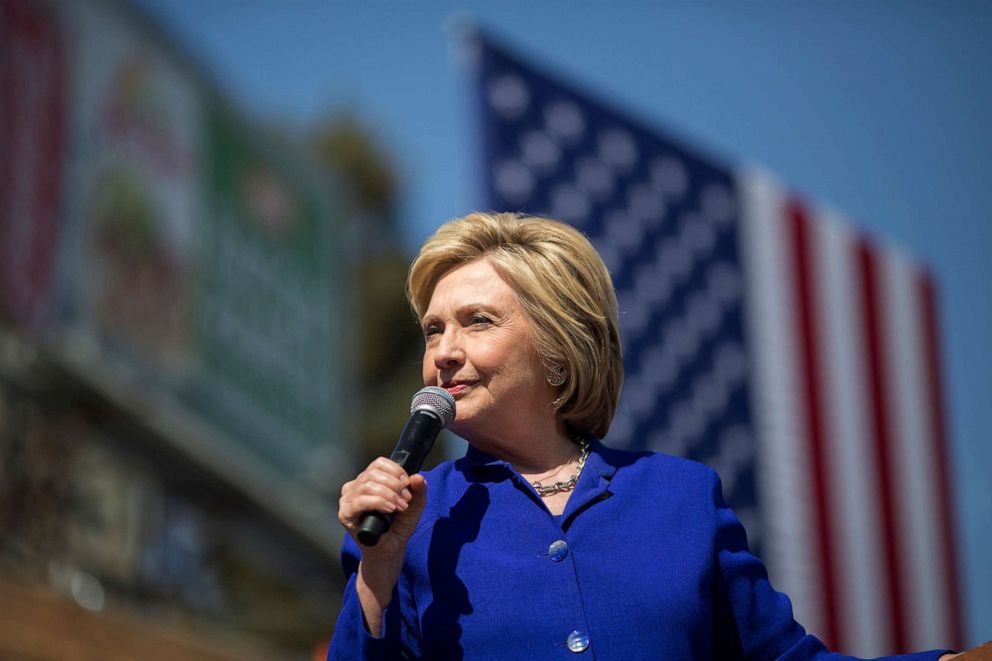 PHOTO: Democratic presidential candidate Hillary Clinton speaks at the South Los Angeles Get Out The Vote Rally at Leimert Park Village Plaza on June 6, 2016, in Los Angeles.