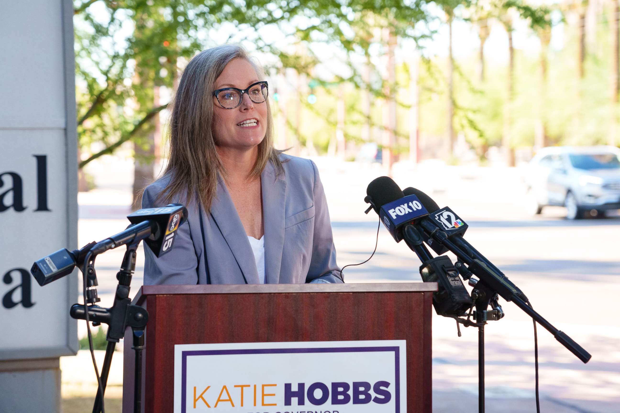 PHOTO: Arizona gubernatorial candidate Katie Hobbs speaks at a press conference outside Arizona Attorney General Mark Brnovich's office in Phoenix, Sept. 24, 2022.