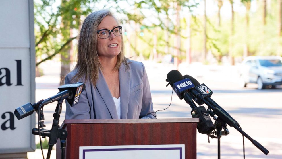 PHOTO: Arizona gubernatorial candidate Katie Hobbs speaks at a press conference outside Arizona Attorney General Mark Brnovich's office in Phoenix, Sept. 24, 2022.